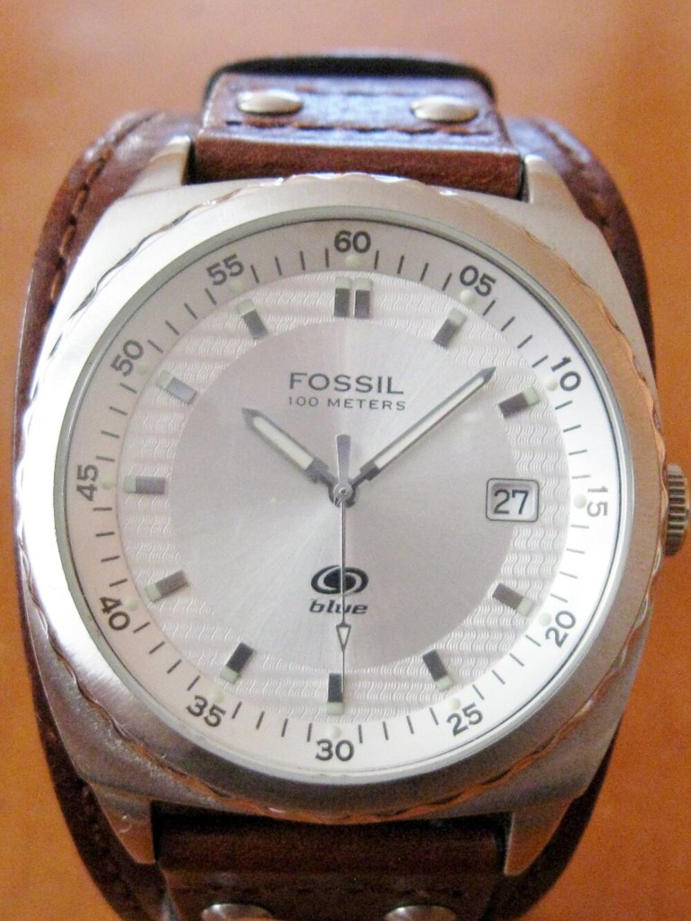 Men's Fossil Blue Watch AM-3675 Silver w Brown Leather Band 100 Meters Date